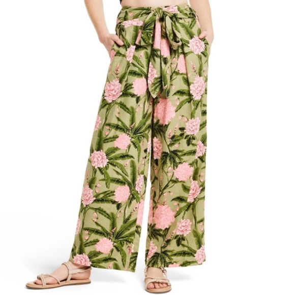 Agua Bendita x Target Pink Peony Floral Print Wide Leg  Linen Blend Pants Small - Picture 1 of 5